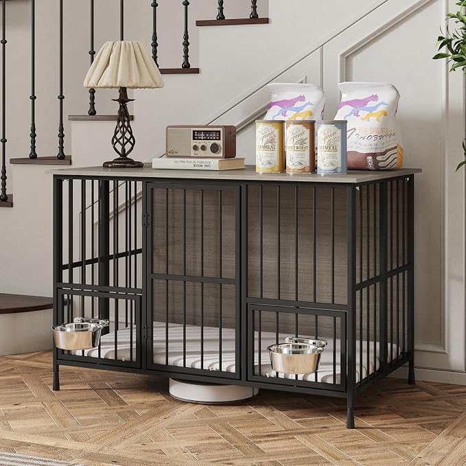 Hadulcet 41'' Foldable Dog Crate Furniture, Large Dog Kennel with 2 Bowls | Wooden Crate Table with Storage Top, Furniture Style Indoor Kennel for Small to Large Dogs with Rotating Food Door, Gray