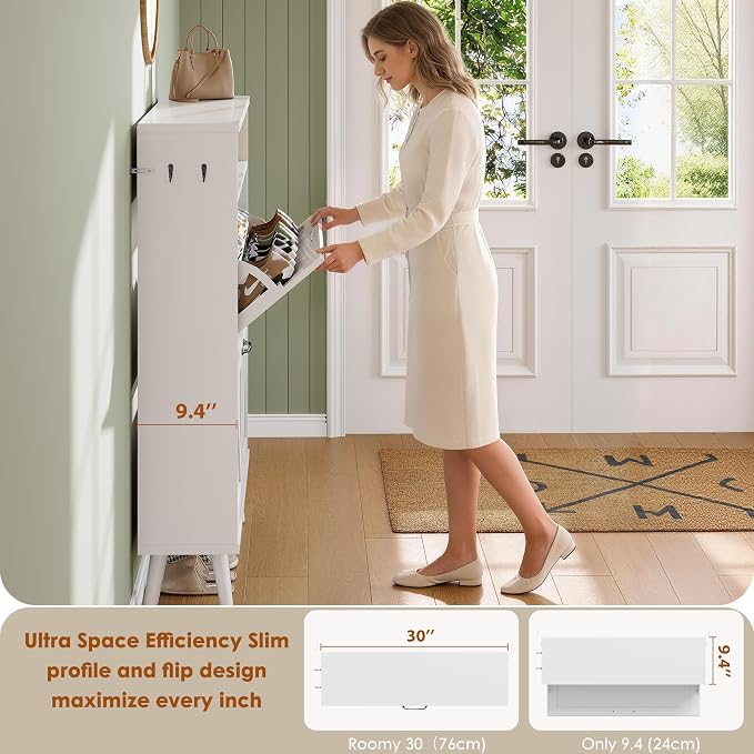 Shoe Storage Cabinet with 2 Flip Drawers for Entryway,White | Narrow Shoe Storage Organizer Rack, Hidden Shoe Cabinet with Adjustable Shelves for Entryway, Hallway, Living Room