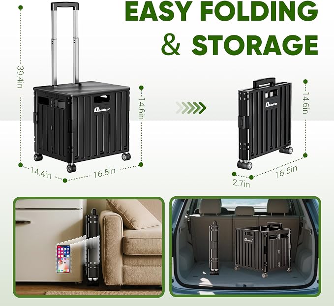 Folding Utility Cart, Portable Rolling Crate Handcart Collapsible Shopping Trolley with Lid, Foldable Tool Box Basket with 4 Rotate Wheels for Grocery, Office, Luggage, School - Black