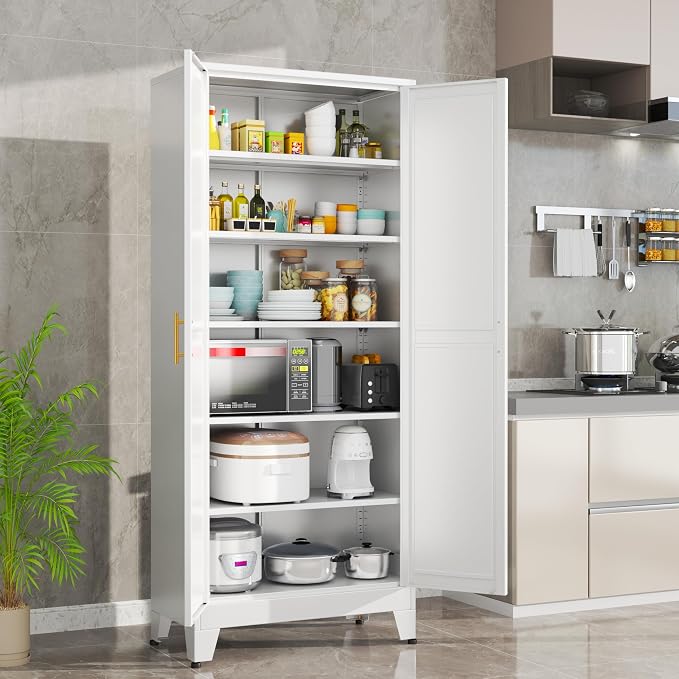 Ckzbx Metal Cabinets with Doors and Shelves, 75" H White Storage Cabinet Pantry Cabinet Garage Cabinets for Kitchen,Living Room, Dinning Room