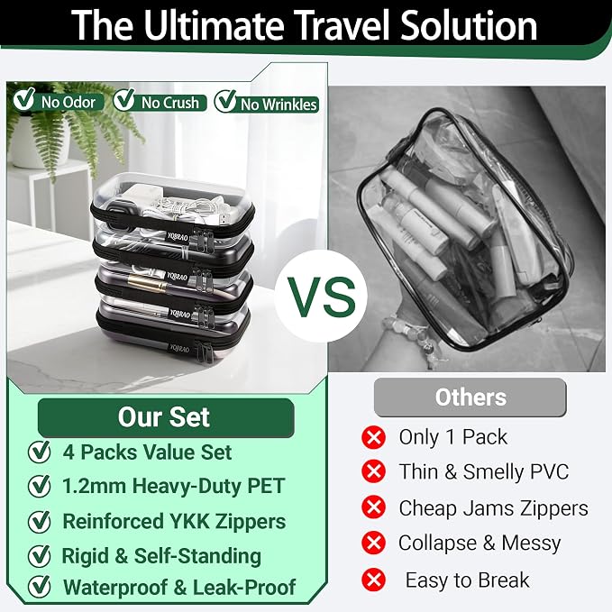 YQBRAO Clear Hard Shell Zipper Cases, 4 Small Cable Organizers, Black | Rigid 1.2 mm PET and YKK dual zippers for cosmetics, charging cords, pens and travel accessories