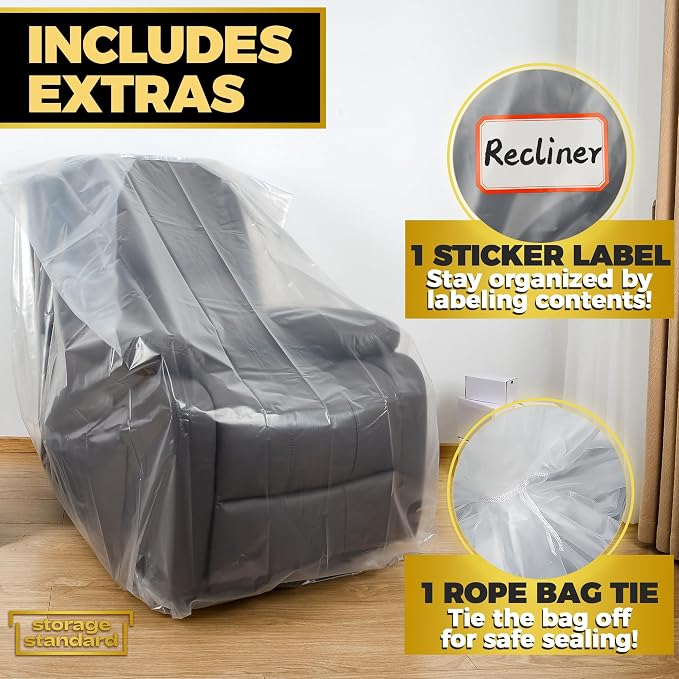 Plastic Furniture Covers for Moving Storage - Heavy-Duty Chair Cover Protectors, Waterproof & Dustproof Clear Moving Bags for Armchair or Recliner - Extra Large Bag Open Size 64 x 42 x 34 Inch