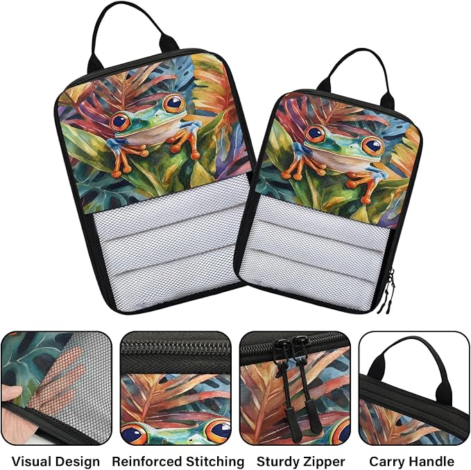 Green Frog 6 Set Compression Packing Cubes Cute Cartoon Frog Expandable Packing Organizer for Travel Accessories Luggage Suitcase Bag