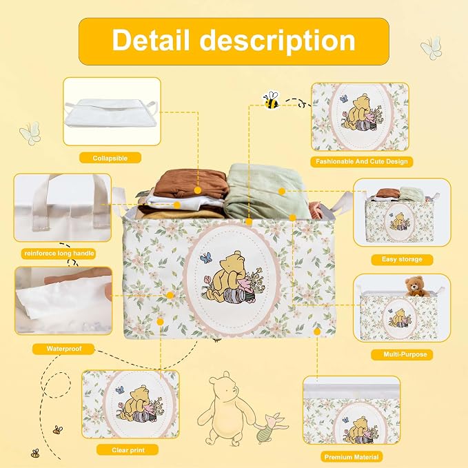 Winnie Nursery Storage Basket With A Waterproof PE Coating,The Pooh Nursery Baby Stuff Storage Baskets Suitable For Bathroom and Bedroom, Foldable Large Canvas Laundry Hamper