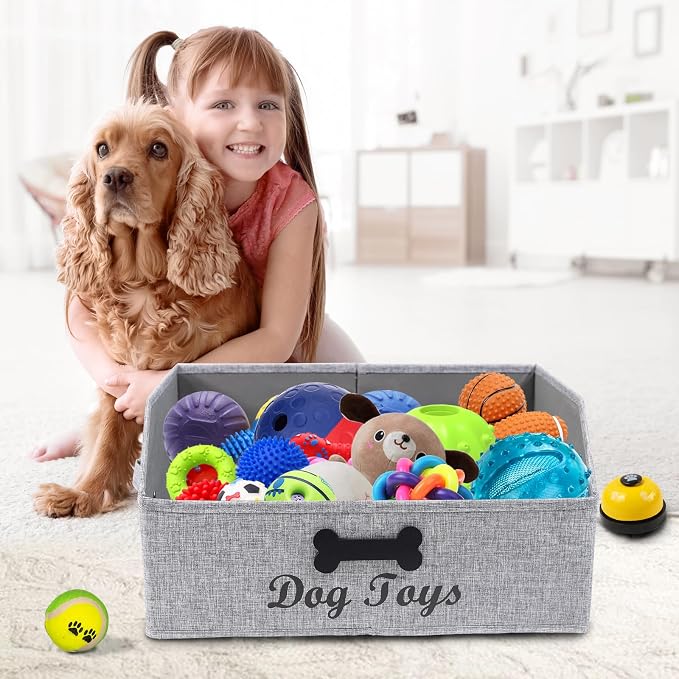Geyecete dog toy basket Large dog toy bin dog toy box storage box-Foldable Fabric Trapezoid Organizer Boxes with Handle,Can be Personalized for Dog Toys (Gray-DOG)