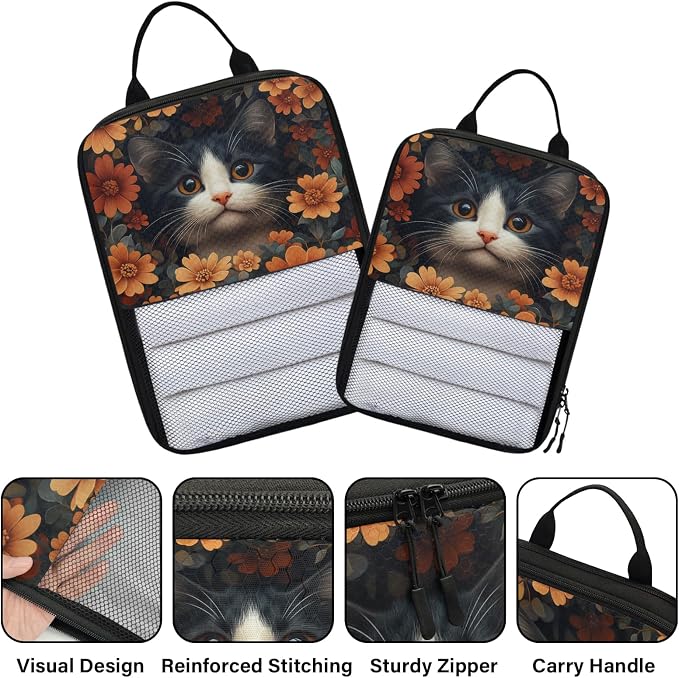 Cat 6 Set Compression Packing Cubes Flower Cat Expandable Packing Organizer for Travel Accessories Luggage Suitcase Bag