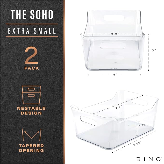 BINO | The SOHO Collection Plastic Storage Bins, X-Small - 4 Pack, Clear | Pantry and Fridge Organizer Containers, Kitchen Cabinet and Medicine Cabinet Bins