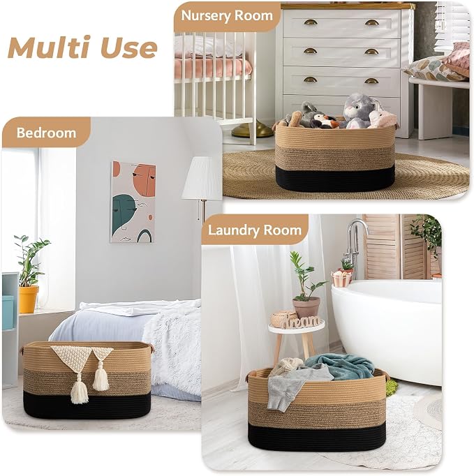 danpinera Large Blanket Basket for Living Room,72 L Rectangle Toy Storage Basket for Nursery Room, Woven Rope Storage Box with Leather Handle, 22’’*17’’*11.8’’, Gradient Linen