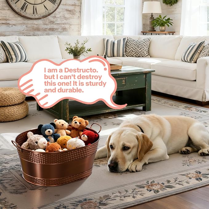 Copper Metal Dog Toy Storage Bin, 25-Quart | Sturdy Oval Design with Handles, Easy Toy Access and Carrying, Suitable for Living Rooms