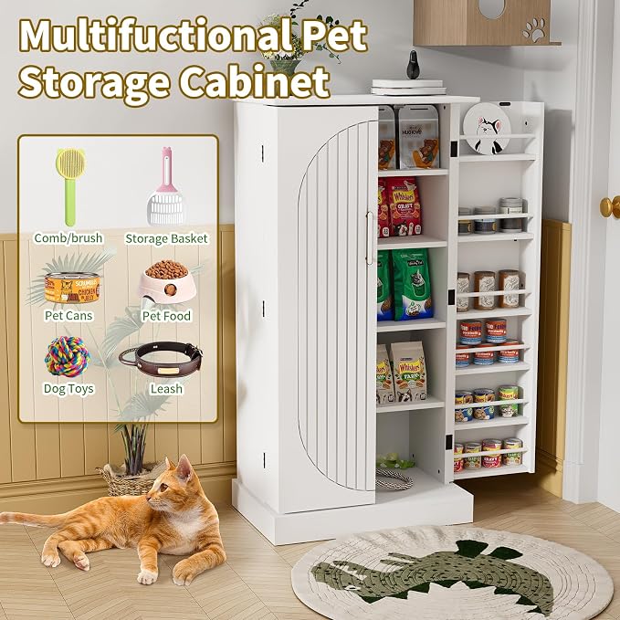 Saudism 47" Dog Food Storage Cabinet with Adjustable Shelves, White | Freestanding Pet Storage Container Organizer for Living Room and Dinning Room