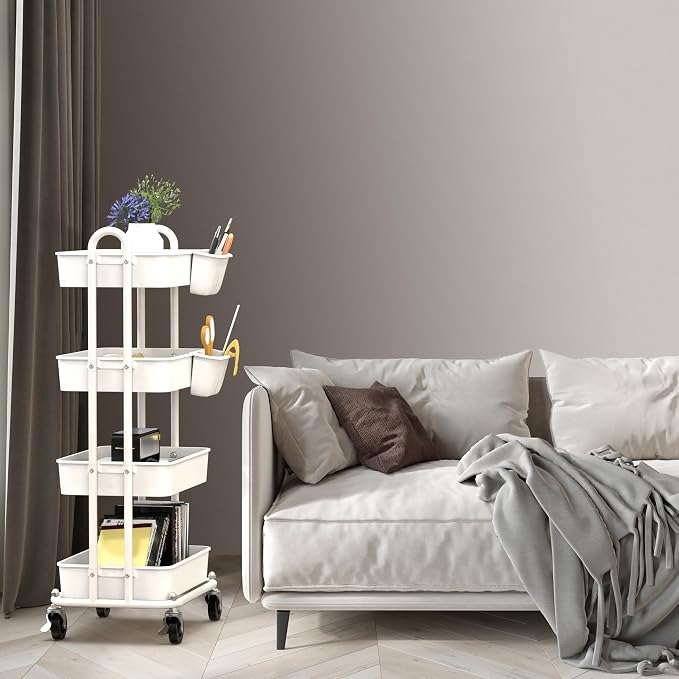 Simple Houseware 4-Tier Rolling Utility Cart with Hanging Bucket, White | Storage for Bathroom, Kitchen, Office, Study Room, Nursery Diaper