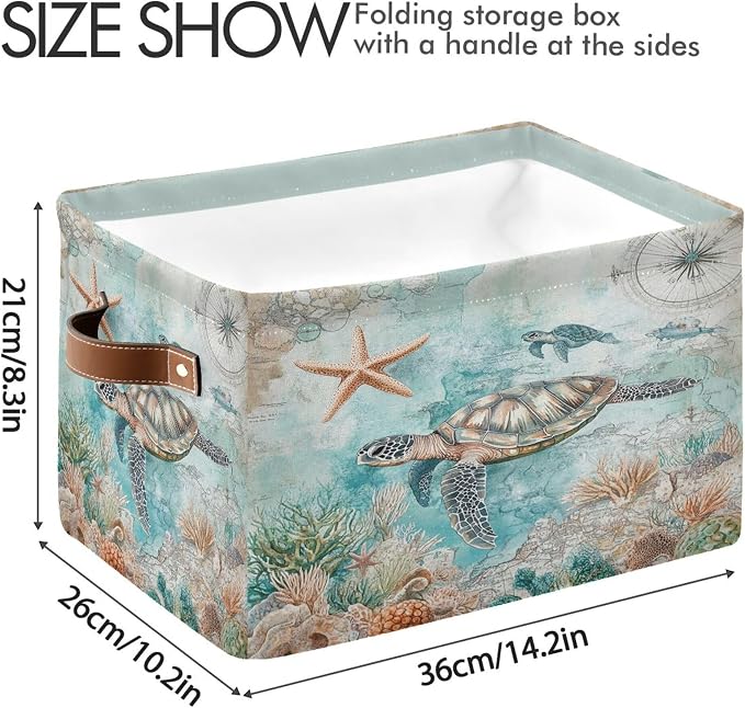 Sea Turtle Storage Basket Fabric Storage Bin Nautical theme Baskets Coastal Starfish Foldable Storage Boxes Organizer Bag for Baby Cloth Dog Toy Book Storage Cubes Shelf Closet Basket 16×12×8 Inches