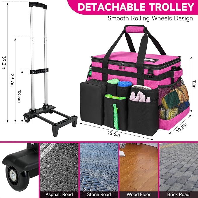Cleaning Cadddy Bag with Rolling Cart, Large Cleaning Bag with Wheels | Cleaning Supplies Organizer with Detachable Trolley for Housekeepers, Housekeeping Cleaning Cart with Shoulder Strap & Handle
