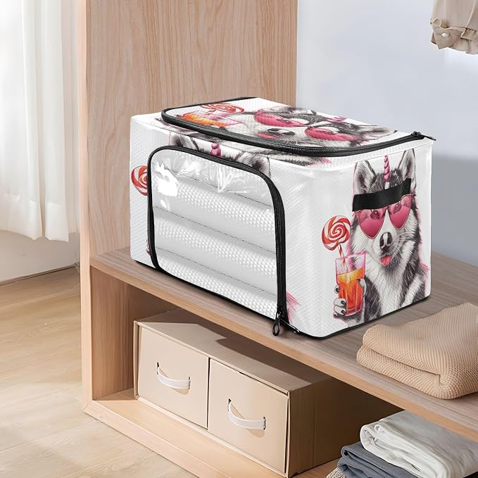 Foldable Storage Bin Dog with Glass Of Juice Sturdy Under Bed Storage Container with Clear Window and Handle