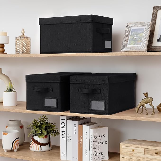 GRANNY SAYS Storage Bins with Lids, Decorative Storage Boxes with Lids | Storage Box with Dust Cover, Handles & Lable, Collapsible, Ideal for Closet Clothes Blanket Toys, Medium, Black, 3-Pack