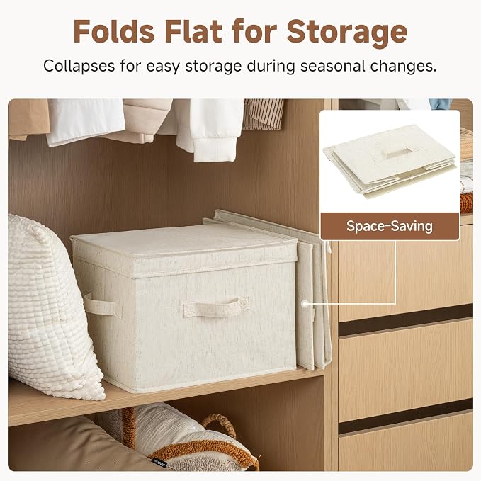 StorageWorks Fabric Storage Bins with Lids, Closet Storage Bins | Flip-Top Lid, 3 Handles, Collapsible, Stackable, for Clothes Blankets, Multi-Purpose, Large, Rustic Linen, 2-Pack
