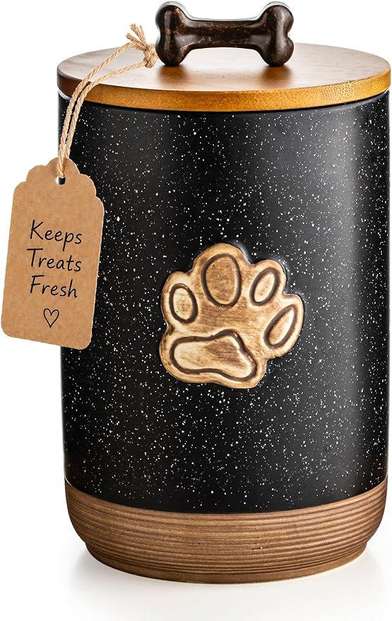 Miamolo Dog Treat Container Airtight Seal, Training Dog Treat Jar with Lid | 8 Cups, Cast-iron Handle | Ceramic Dog Food Storage Container, Rustic Pet Cookie Jar, Gift for Dog Lovers | Paw Dotted Black