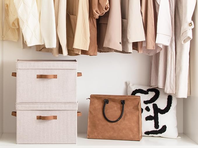 StorageWorks Fabric Storage Bins with Lids, Closet Storage Bins | Flip-Top Lid, 3 Handles, Collapsible, Stackable, for Clothes Blankets, Multi-Purpose, Jumbo, Brown and Beige, 2-Pack