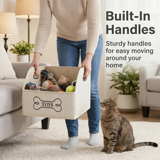 Foldable Dog Toy Basket-Dog Toys Bin-Dog Toy box-Storage Basket with Handle,Organizer Bin for Pet Toys, Blanket, Shelves, Closet-Beige