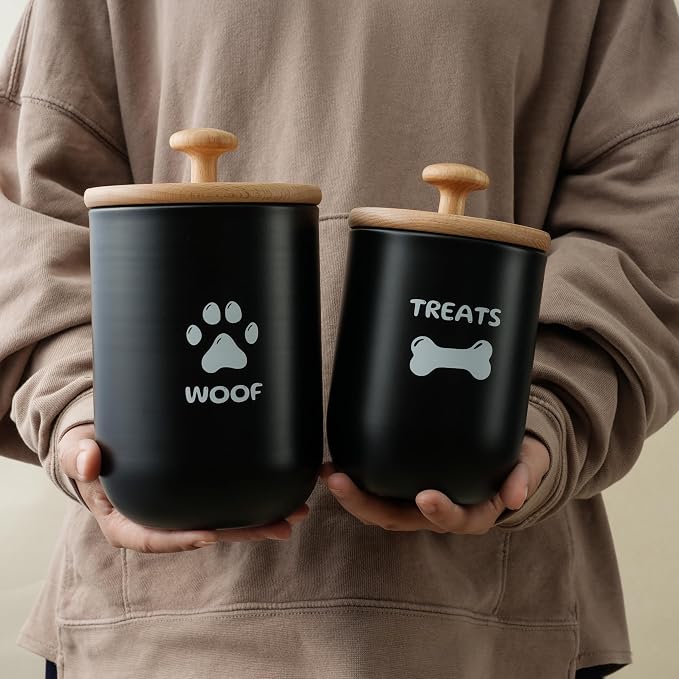 Dog Treat Container Set of 2, Dog treat jar with Airtight Lid, Small dog food container, Dog Cookie Jar for kitchen Counter, Treats Canister, Pet Treat Container 8.3x4.9 & 7.1x4.3 (Black)