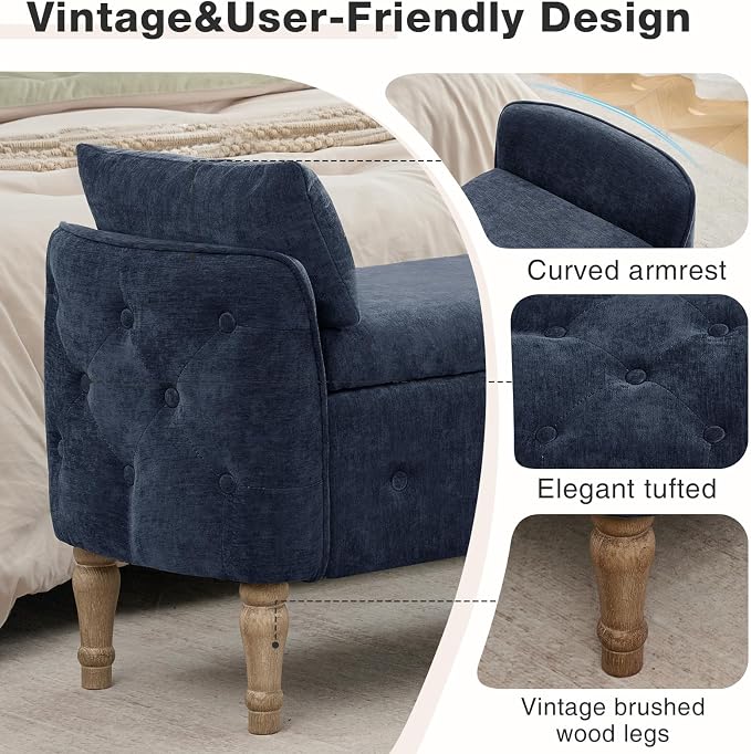 67"End of Bed Storage Bench King Size,Upholstered Bedroom Bench,Blue | Linen Storage Bench for Bedroom End of Bed ,2 Cushion, Vintage Wood Legs ,Tufted,Storage Ottoman Bench for Entryway Window