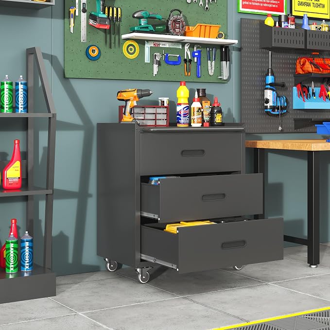 Garage Cabinets,Metal Garage Storage Cabinet with Wheels,Black Lockable Rolling Tool Cabinet with Drawer and Adjustable Shelves,Heavy Duty Tool Chest for Home Office Utility Room