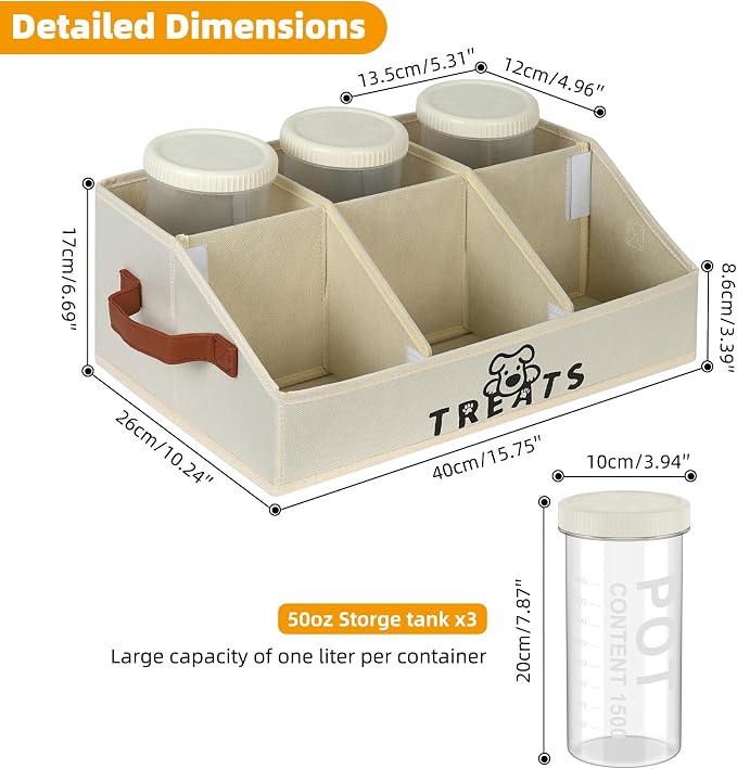 Dog Treat Container with 50oz Treat Jars, Dogs Stuff Storage Organizer,Airtight Pet Food Treat Holder for Countertop,Beige