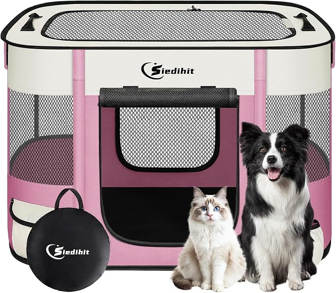 Siedihit 31" Dog Playpen,Cat Puppy Pen, Pet Portable Crate Indoor Outdoor | Durable Travel Camping Use,Foldable Dog Kennel Tent Cage for Rabbit Small Animals with Carrying Case (Pink, Medium)