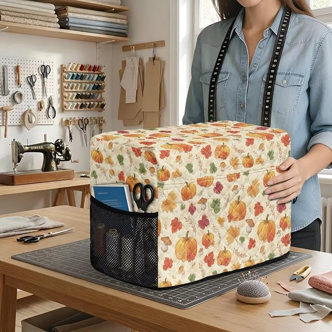 Sewing Machine Cover Polyester Febric Thanksgiving Pumpkin Maple | Dust Pet Hair Protection,Quilting Design,Fits Standard Singer,Brother Janome Machines,Protecting Decorating Your Sewing Space