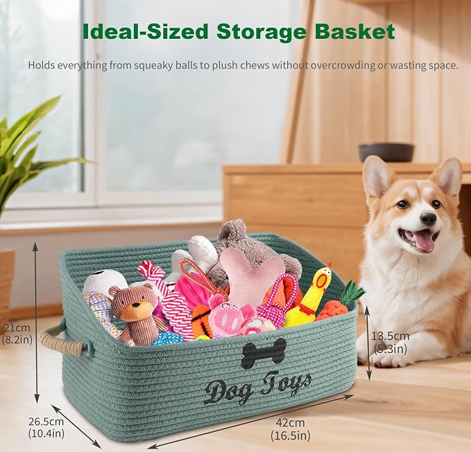 Dog Toy Basket-100% Cotton Rope Dog Toy Bin for Living Room Area-Trapezoid Pet Toys Box with Sturdy Handle-Puppy Bed-Dog Stuff Organizer for Pet Toys,Collar,Leash,Blanket-Chew Proof -Green