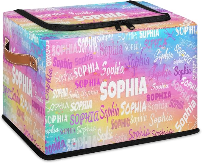 Personalized Storage Basket with Name, Rectangle Toys Storage Bin with Handles Zipper Lid for Baby, Boys, Girls, Collapsible Basket for Clothes, Books, Watercolor Colorful Pink