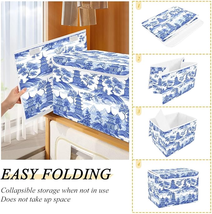 Blue Toile Fabric Storage Bins with Lid Foldable Storage Boxes 40L Baskets | Decorative Storage Boxes, Foldable & Stackable, Dust-Proof Flip Top, Reinforced Handles, For Home & Dorm, Clothes & Toy Box