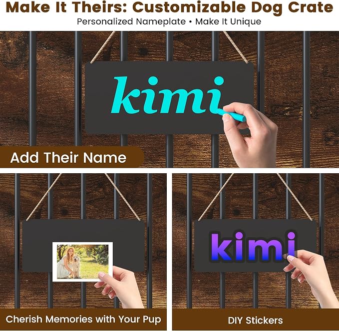 BOINN 41.3" Dog Crate Furniture Foldable, No Assembly Decorative Dog Kennel Indoor, Wooden Dog Crates with 360° Rotating Bowls and Name Tag, Rustic End Table for Medium/Large Dogs