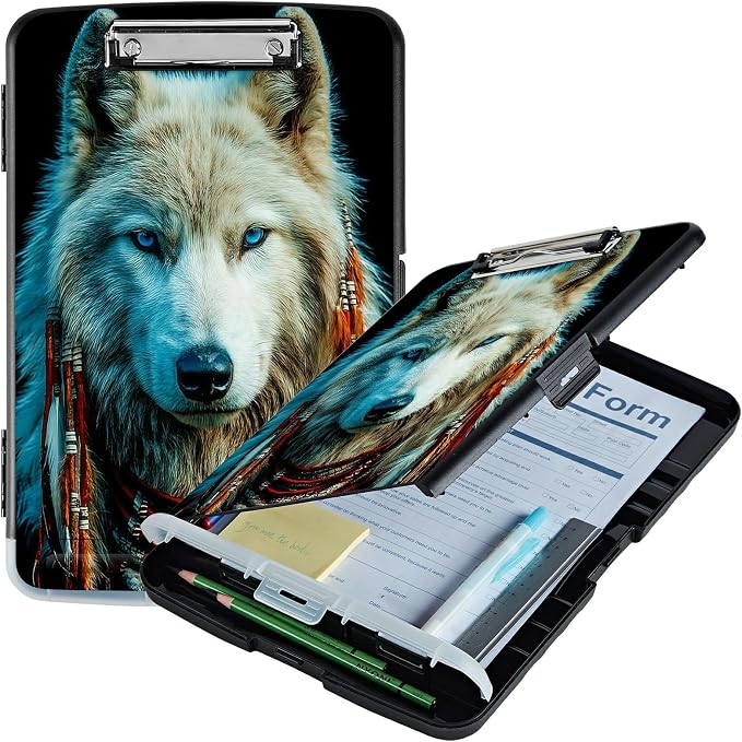 A4 Clipboard with Storage Pen Holder, Clipboards Organizer Nursing Clipboard Foldable File Folder Plastic Clipboard Folio Clip Board for Office Work Classroom Doctor, White Wolf Feathers