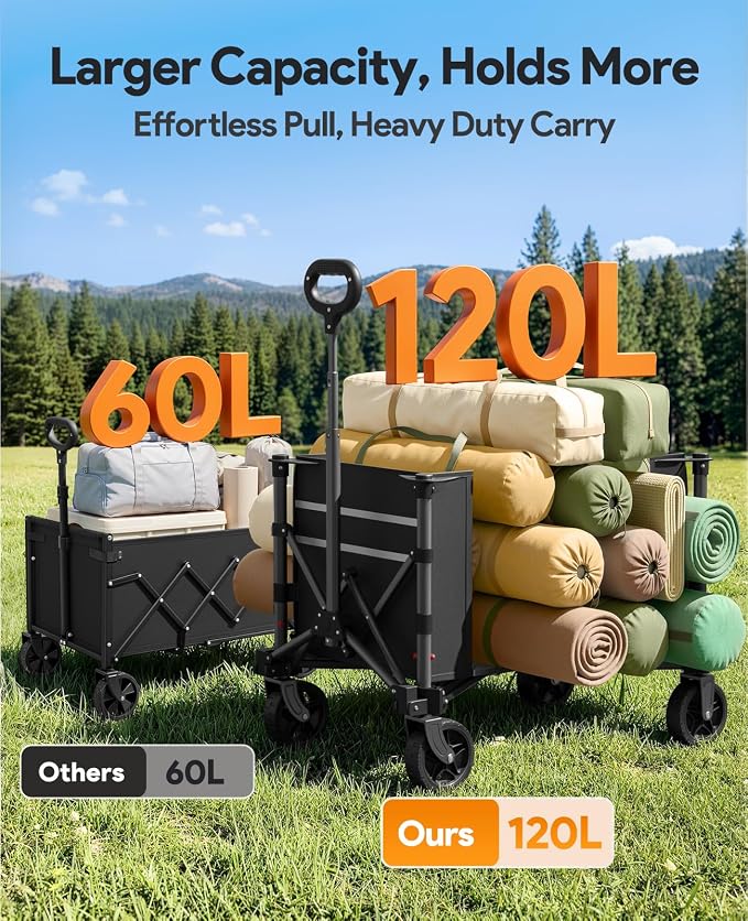 Collapsible Wagon with Wheels,120L Wagon Cart for Camping Groceries Beach | 220lbs Capacity Wagon Carts Foldablet,Smallest Folding Size,Lightweight Portable,Adjustable Handle,Transport long items