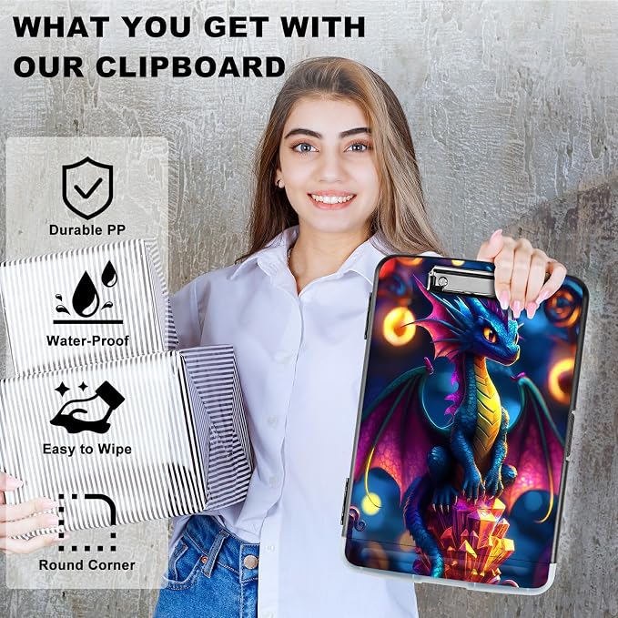 A4 Clipboard with Storage Pen Holder, Clipboards Organizer Nursing Clipboard Foldable File Folder Plastic Clipboard Folio Clip Board for Office Work Classroom Doctor, Blue Dragon