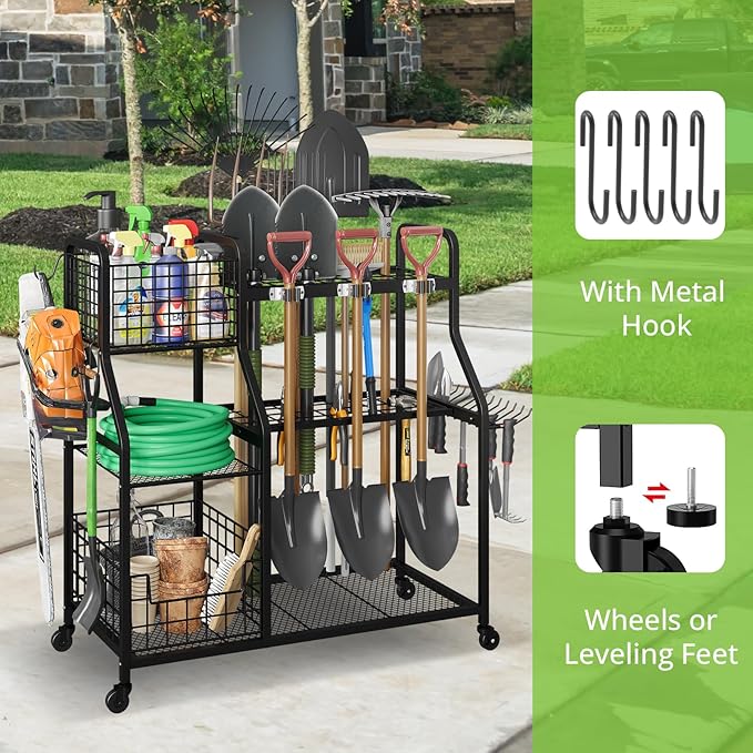 keomaisyto Garden Tool Holder Organizer with Heavy Duty Wheels for Garage | Large Yard Tool Organizer with 2 Baskets, Utility Garden Tool Rack for/Shed/Garage/Yard/Basement/Lawn