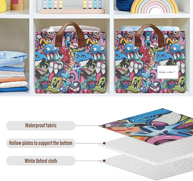 Abstract Grunge Graffiti Monster Baby Storage Basket with Labels&Handles Rectangular Waterproof Nursery Storage Bins Collapsible Shelf Organizer Baskets for Kids Books Cloth Gift Toys Laundry, 2 Pack