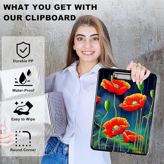 Artistic Red Flower A4 Clipboard with Storage Pen Holder, Clipboards Organizer Nursing Clipboard Foldable File Folder Plastic Clipboard Folio Clip Board for Office Students Classroom Doctor