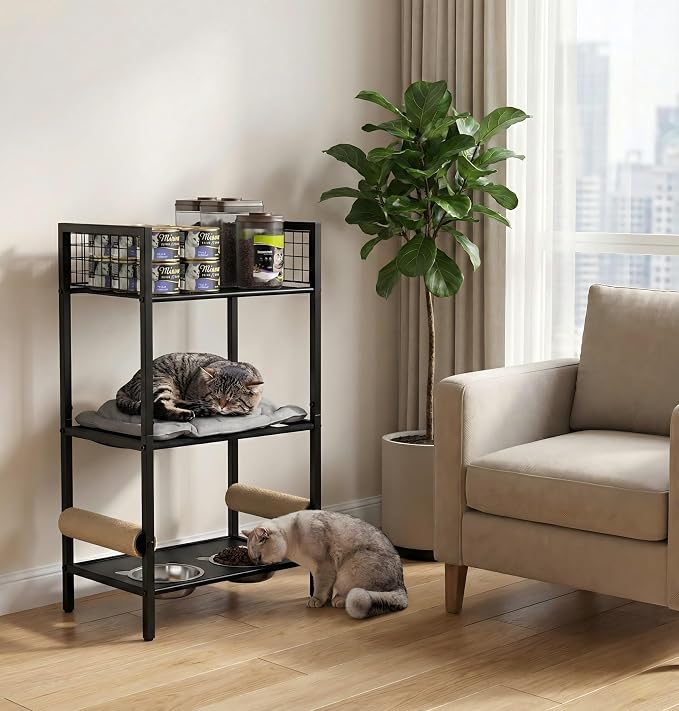 Cat Feeding Station Furniture with Scratching Post, 3-Tier Cat Food Organizer & Storage, Raised Feeding Stand with 2 Stainless Steel Bowls, Space-Saving Cat Shelf for Small Spaces, Black