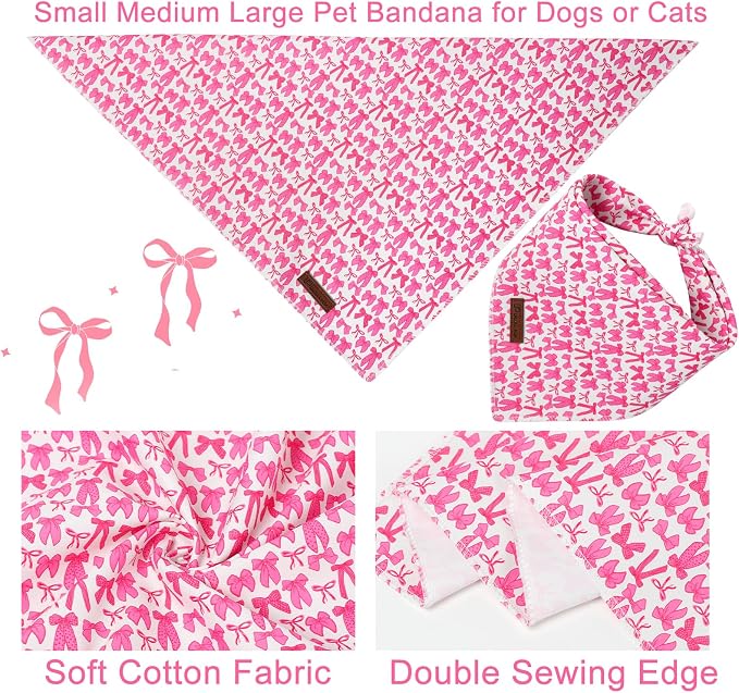 Pink Bow Dog Bandana, Rose Pink Bowtie Puppy Bandana for Girl Female Dogs, Soft Cotton Pet Triangle Bid Scarf Kerchief for Girl Boy Dogs or Cats