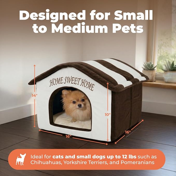 Best Pet Supplies Cat Bed for Indoor Cat, Domed Tent House with Removable Pillow, Covered Cat Cave for Small Dog, Puppies and All Breeds of Cats - Beige w/ Brown Stripes, 16 x 16 x H:14"