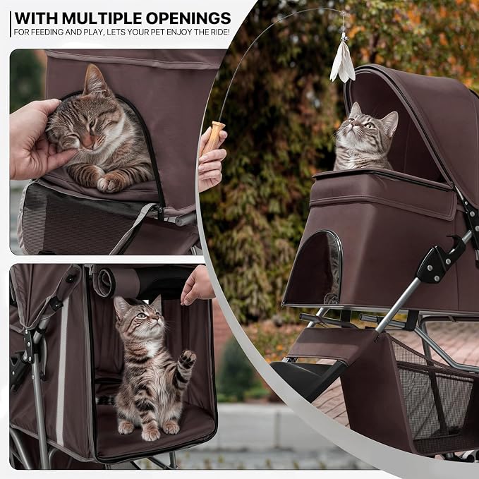MoNiBloom Pet Stroller for Small/Medium Dogs and Cats up to 33 lbs, Coffee | Foldable Dog Stroller 3 Wheels Pet Strolling Cart w/ Storage Basket Cup Holder, Breathable and Visible Mesh for All-Season