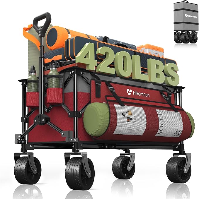 HIKEMOON 150L Collapsible Wagon Compact, Big Wheels, 420LBS Red & Grey | Wagons Carts Foldable, Heavy Duty, Portable, All-Terrain, Utility Folding Cart for Shopping/Beach/Garden/Camping/Sports