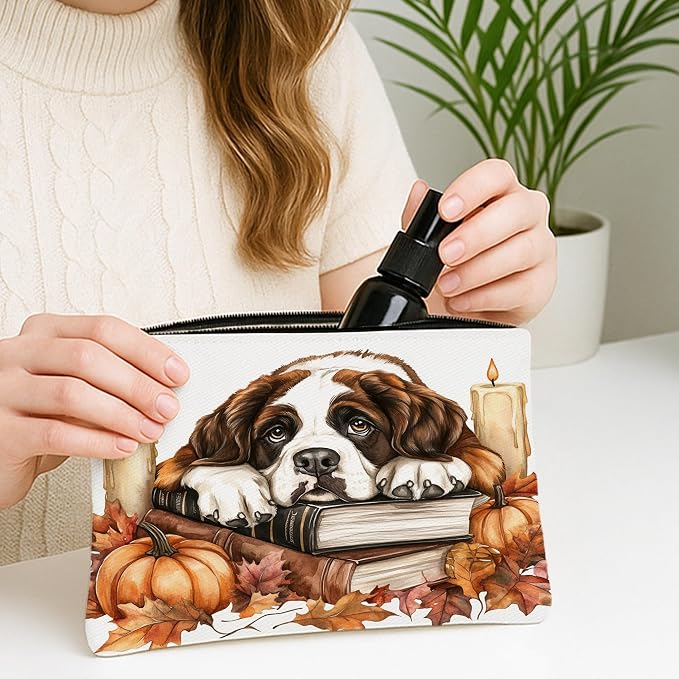 Fall St. Bernard Dog Makeup Bag, Autumn Candle Book Pumpkin Printed Cosmetic Travel Pouch for Women Girls, Pet Portable Small Canvas Zipper Organizer 7x9 Inch