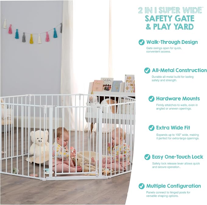 Regalo Safety 24"-192" Metal 2-in-1 Super Wide Baby Gate & Play Yard