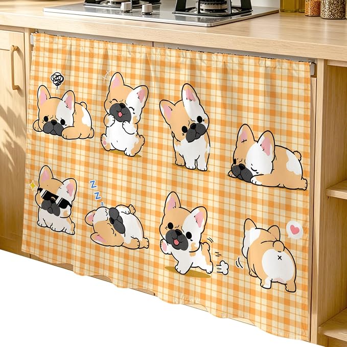 Cute Puppy Cabinet Dishwasher Hidden Curtains, Privacy Closet Door Curtain, Orange Beige Plaid Modern Funny Dogs Pet Adhesive Dust Proof Under Sink Skirt for Bathroom Kitchen 35"x35"