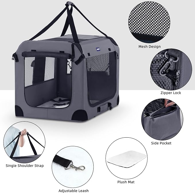 Petprsco Portable Dog Crates for Medium Dogs, 32"x23"x23" Travel Dog Crate | Collapsible Dog Crate with Plush Mat, Soft Blanket & Foldable Bowl, Strong Fabric, 4-Sided Vents, 3 Doors, Indoor/Outdoor Use