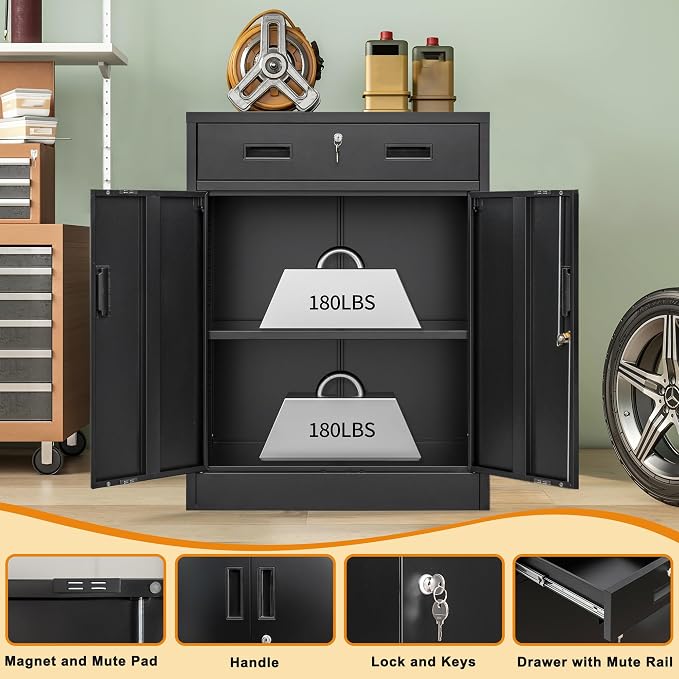 Wanfu Metal Storage Cabinet, 36" H x 28" W x 16" D Locking Cabinet with 1 Drawer and Adjustable Shelf, Metal Cabinets for Office, Garage, Home-Black