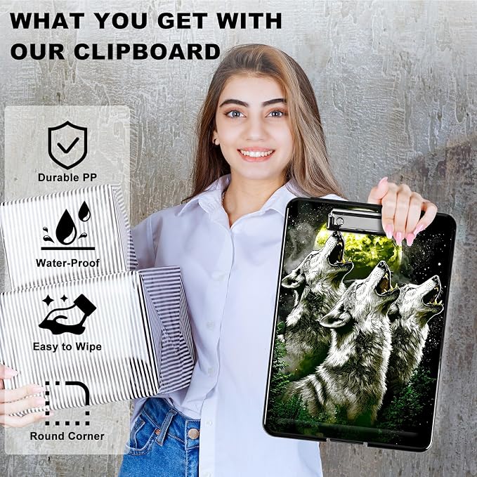 Three Gray Wolves A4 Clipboard with Storage Pen Holder, Clipboards Organizer Nursing Clipboard Foldable File Folder Plastic Clipboard Folio Clip Board for Office Students Classroom Doctor